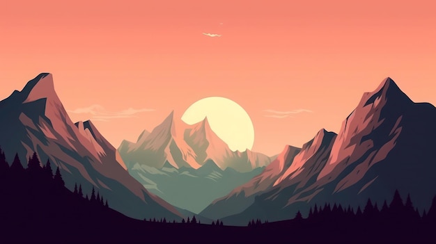 A mountain landscape with a sunset and a sunset