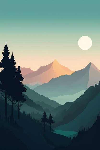 A mountain landscape with a sunset and a tree