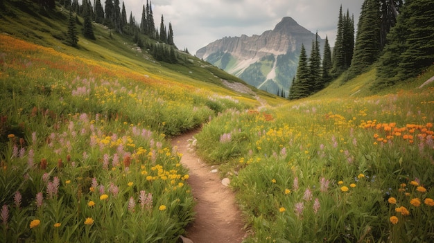 A mountain landscape with a trail leading to a mountain in the background.