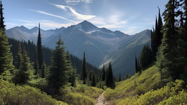 Un paesaggio montano con un sentiero che conduce a una catena montuosa.