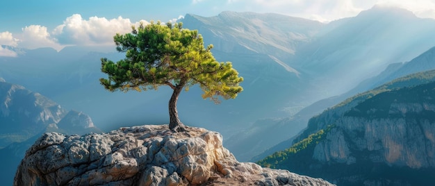 Mountain landscape with tree in summer scenic lonely pine on cliff top panoramic stunning view Concept of nature sky sunlight travel