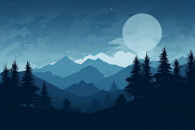 Photo a mountain landscape with trees and a full moon in the sky