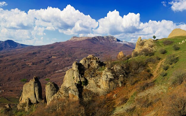 Mountain landscape with valley rocks and blue sky natural travel background