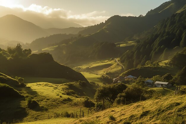 A mountain landscape with a village in the foreground and a cloudy sky in the background.