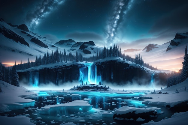 A mountain landscape with a waterfall and a blue sky with stars