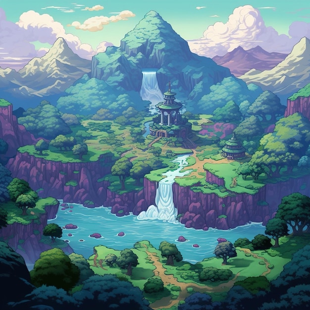 A mountain landscape with a waterfall and mountains in the background