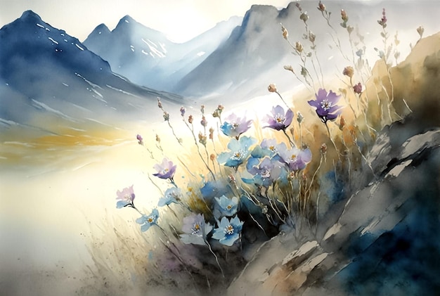 Photo mountain landscape with wild flowers digital watercolor painting for printing generative ai