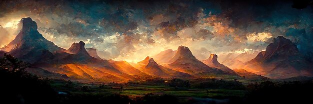 Mountain landscapes, nature, travel, beautiful sky, summer, sunset. Digital Illustration, painting