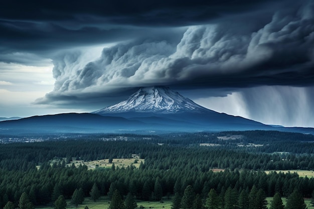 Mountain landscapes with dramatic weather patterns including thunderstorms or lightning