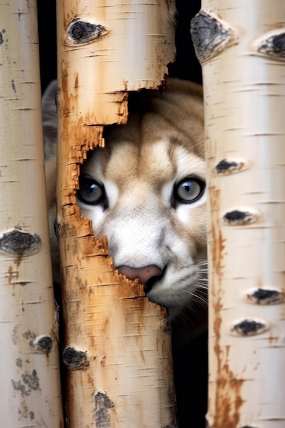 mountain lion hiding behind a tree