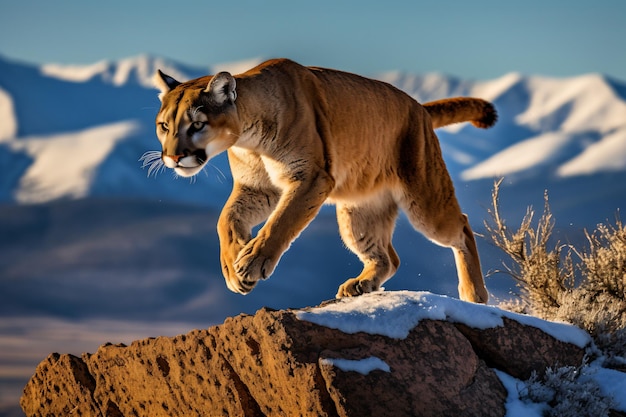 Foto un leone di montagna corre su una roccia.