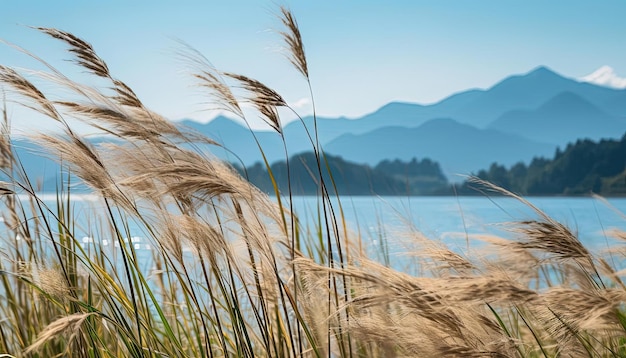 Photo a mountain looms over tall grass near a body of water in the style of japanese photography