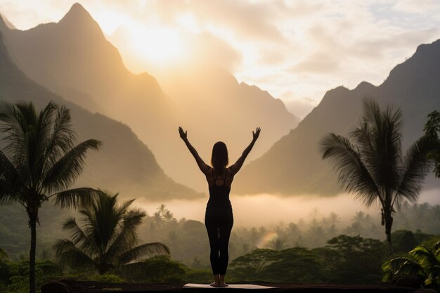 Волшебная горная йога на открытом воздухе в тропическом восходе солнца