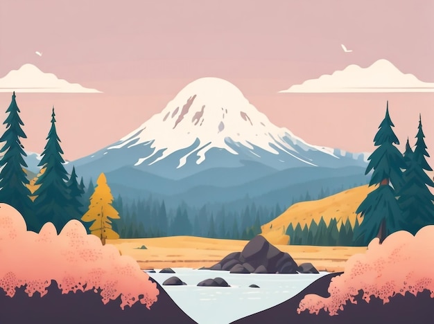 Premium AI Image  Mountain Majesty Exploring a Cartoon FlatStyle 