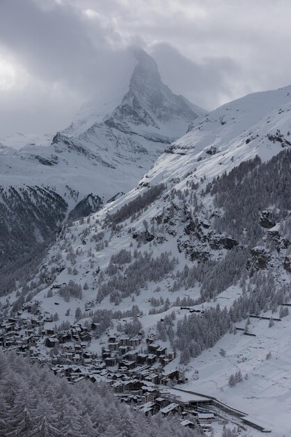 mountain matterhorn zermatt switzerland  with fresh snow on beautiful winter day