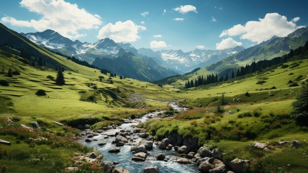 mountain meadow with morning light atmosphere rural landscape with valley