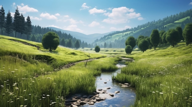 mountain meadows green grass under blue skies