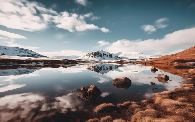 A mountain in the middle of a lake with snow covered mountains in the background.