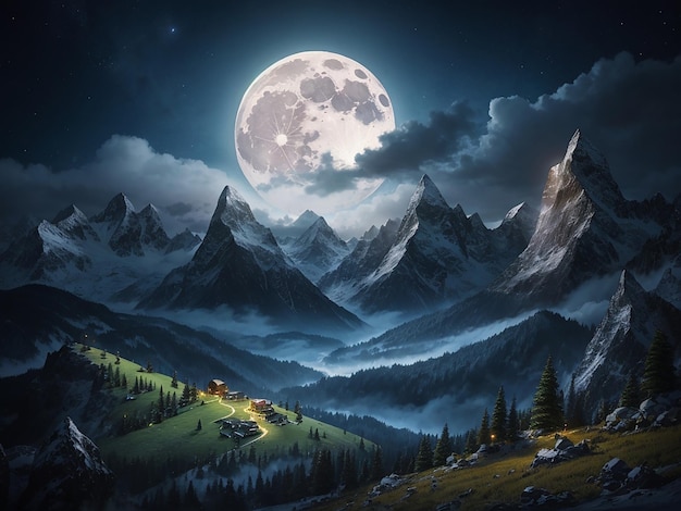 Mountain night landscape with full moon
