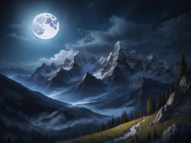 Mountain night landscape with full moon