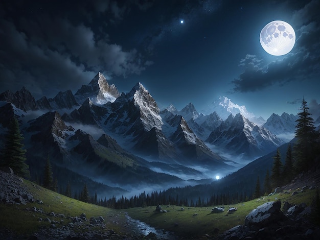 Mountain night landscape with full moon