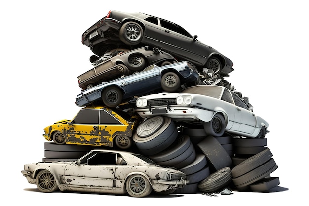 A mountain of old broken cars lying in a junkyard white background