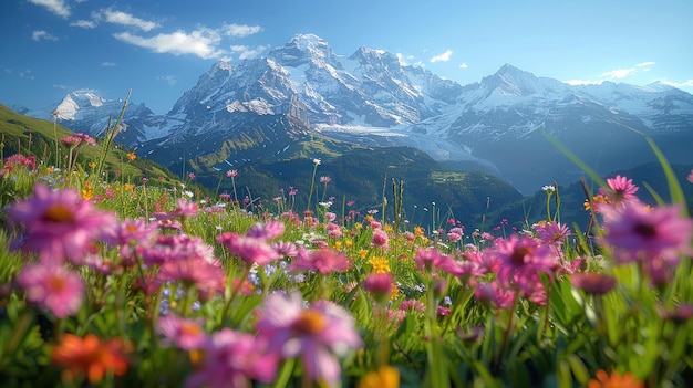 山 を 見下ろす 花 の 畑