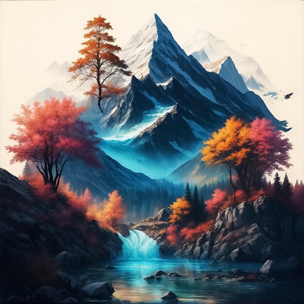 Mountain painting with tree