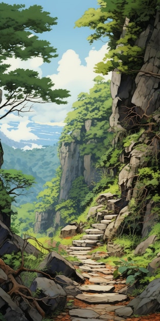 Photo mountain path anime wallpaper with detailed background elements