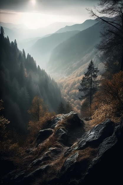 A mountain path in the mountains with a forest in the background