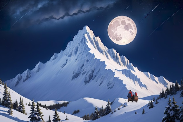 満月と美しい星の夜の山頂