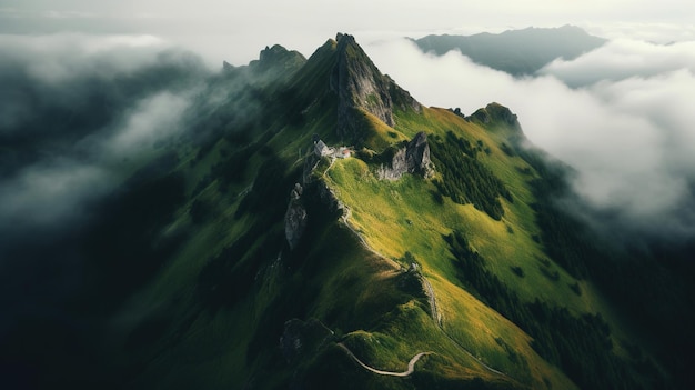 緑の山を背景に、雲の中の山頂。