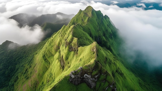 A mountain peak in the clouds with the name mahou in the center.