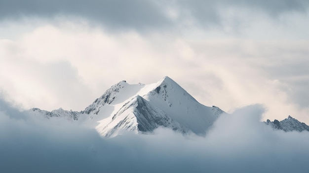 A mountain peak in the clouds with the snow on it