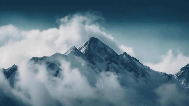 A mountain peak in the clouds