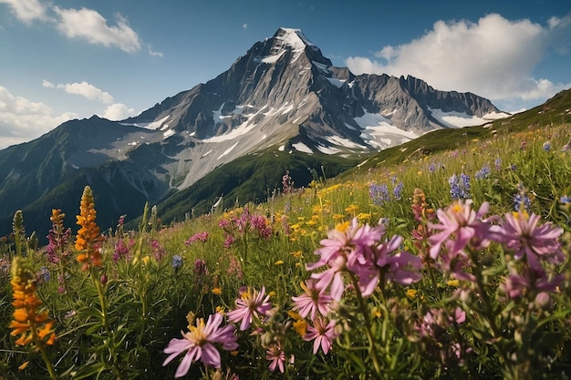Photo mountain peak framed by blooming wildflowers