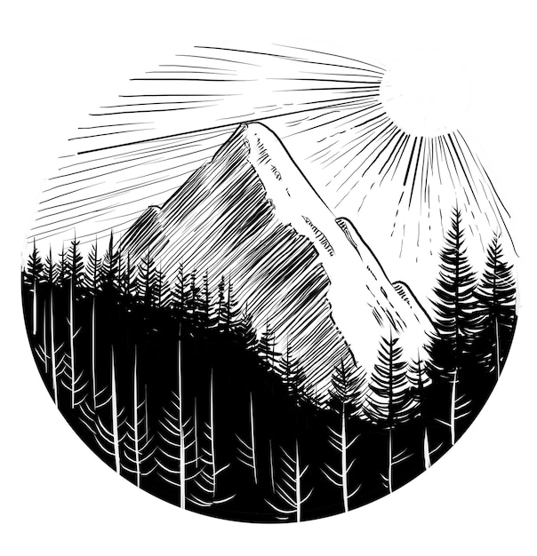 mountain peak hand drawn black and white illustration