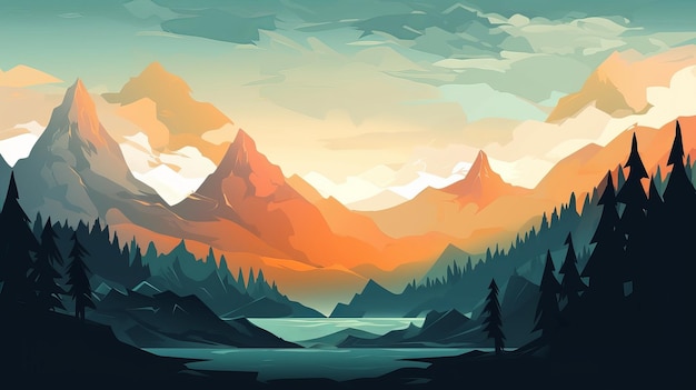 Mountain peak landscape watercolor minimal flat illustration AI generation