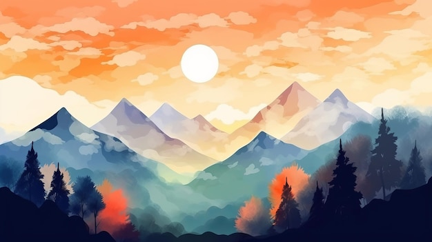 Mountain peak landscape watercolor minimal flat illustration AI generation