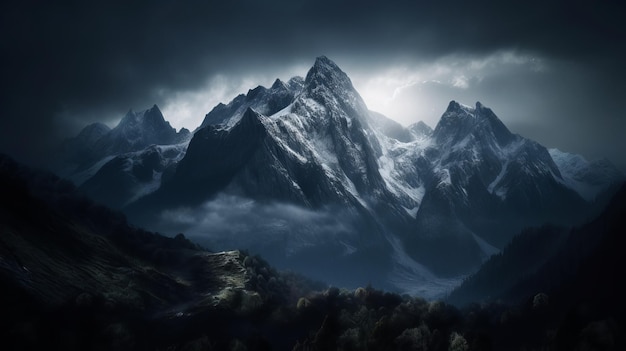 Пейзаж горной вершины с кинематографическим освещением Генерация искусственного интеллекта