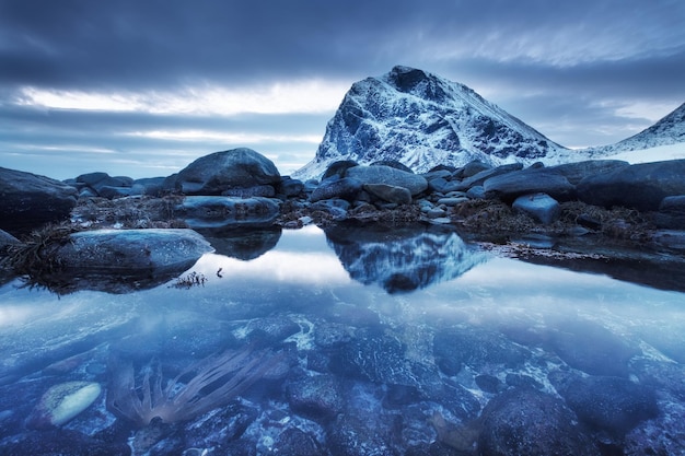 Mountain peak and reflection on water surface Natural landscape on the Lofoten islands Norway Water and mountains during sunset