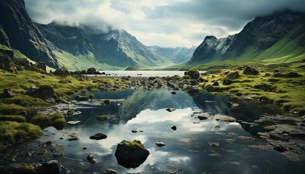 Mountain peak reflects in tranquil pond showcasing natural beauty generated by artificial intelligence