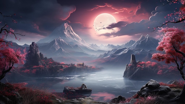 Mountain peak rises above dark spooky landscape background