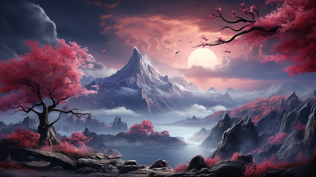 Mountain peak rises above dark spooky landscape background