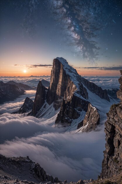Photo mountain peak at sunrise landscape with milky way in the sky