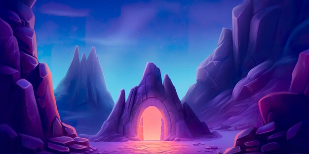 A mountain peak treasure cave in a barren and uninhabited place in Night