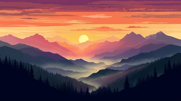 Mountain peak view landscape with sunrise soft light Flat 2d Generative AI