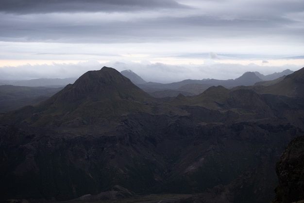 Mountain peak with and clouds on the laugavegur Hiking trail close to Thorsmork.