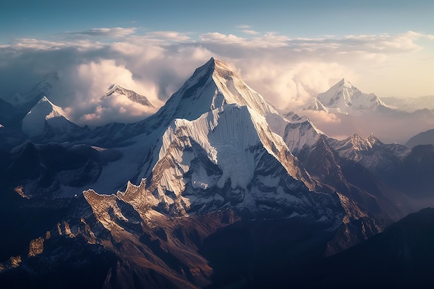 A mountain peak with the sun shining on it