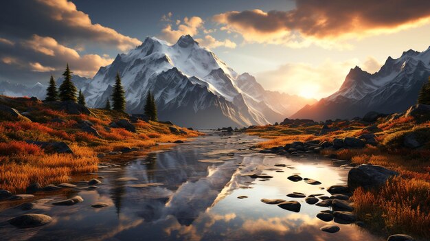 Photo mountain peak with tranquil autumn sunset